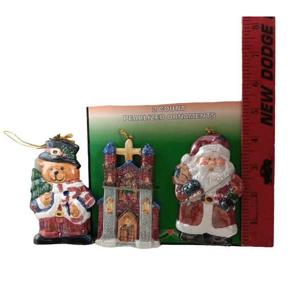 🎄 Vintage Ornament Trio | Santa Church Bear 🧸3–4" Tall Holiday Splendor ✨ - Picture 8 of 14